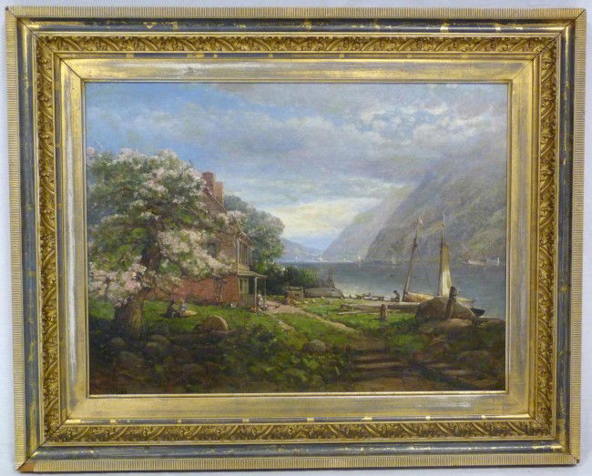 ANDREW MELROSE OIL ON CANVAS OF HOME ON RIVER: Andrew Melrose (AMERICAN, 1836-1901). Depicts a scene of a home on a river. Signed lower left. Measures 14 1/2" height x 19 1/2" width + 3 1/2" frame (36.8cm x 49.5cm + 8.9cm). Guaranteed original.