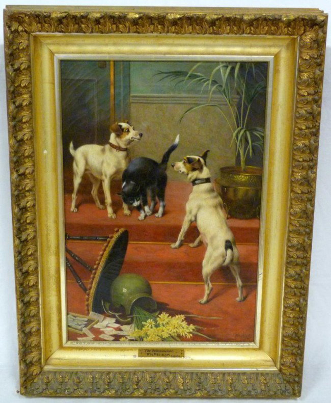 WILLIAM WEEKES OIL ON CANVAS "THE PEACEMAKER": William Weekes (BRITISH, 1856-1909). Oil on canvas depicting a cat stopping two dogs from fighting. Titled "The Peacemaker". Signed lower right. Measures 24 3/4" height x 16 3/4" width + 4" matte & fr