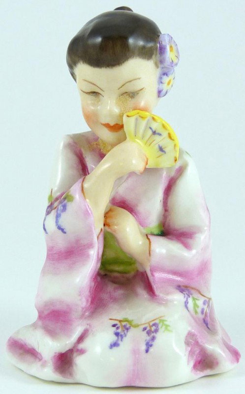 ROYAL WORCESTER FG DOUGHTY FIGURE JAPAN: Royal Worcester World figure depicting girl in robe with fan. Represents the country of Japan. #3072. Measures 3 3/8" height (8.5cm). Guaranteed original.