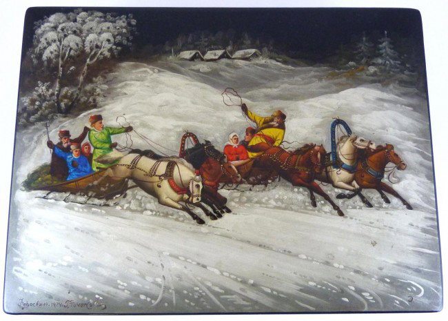 VINTAGE RUSSIAN WOODEN LACQUER BOX w SLED SCENE: Vintage hand painted wooden lacquer box depicting people riding through the snow on horse led sleds. Painting is signed lower left. Dated 1974. Measures 3 3/4" height x 10 3/8" width x 7 3/4" depth (9