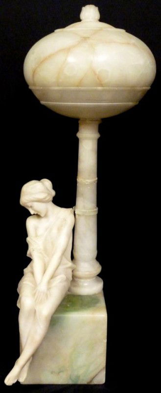 EMILIO FIASCHI ALABASTER & MARBLE FIGURAL LAMP: Emilio Fiaschi (Italian 1858-1941). Figural hand carved alabaster lamp. Late 19th or early 20th century. Set on white marble cube base. Signed to base "P. L. E. Fiaschi". Also marked Firenze, Italy. M