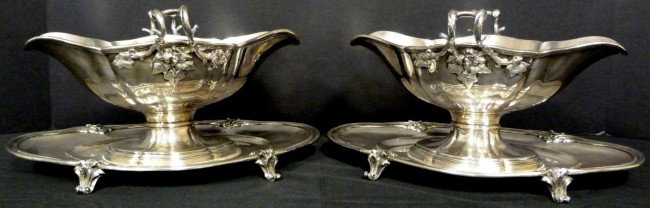 PAIR OF ANTIQUE FRENCH SILVER SAUCE BOATS: Pair of antique French sterling silver sauceboats with attached under plates. Made by Mcie. Meyer. Minerva 950 silver purity mark to bottom. Mid 19th century/circa 1838. Measures 5 5/8" height x 11" l