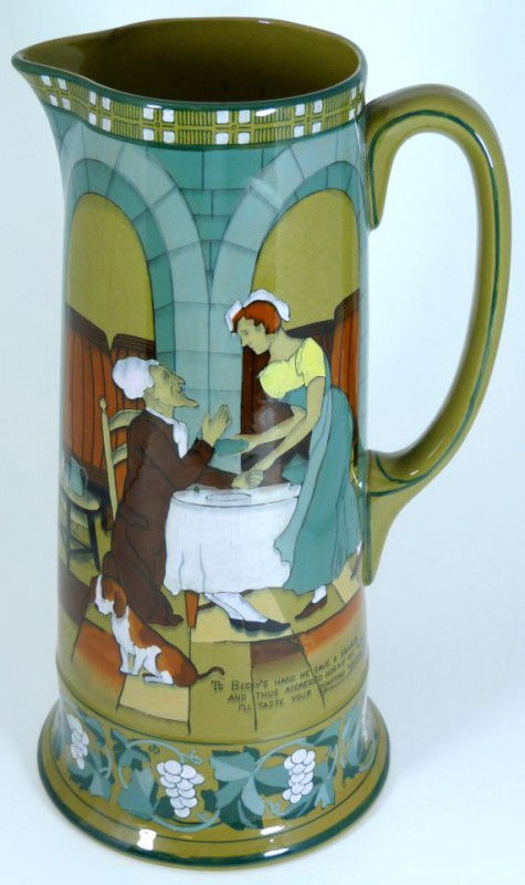 BUFFALO POTTERY DELDARE WARE PITCHER SIGNED: Antique Buffalo pottery hand painted pitcher. Pitcher is designed after William Comb's "The Three Tours of Dr. Syntax" poems. The scene depicted in the pitcher is the 3rd tour in which Dr. Syntax is i