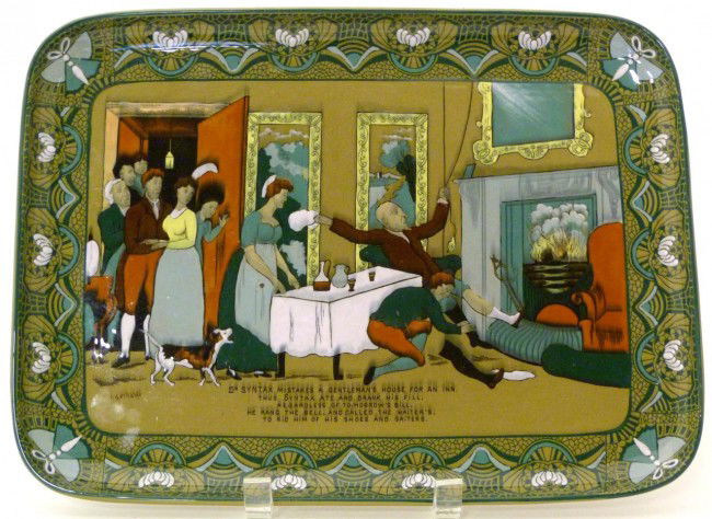 BUFFALO POTTERY DELDARE WARE PLATTER SIGNED: Antique Buffalo pottery hand painted rectangular serving platter. Platter is designed after William Comb's "The Three Tours of Dr. Syntax" poems. Depicted on the platter is the scene where Dr. Syntax