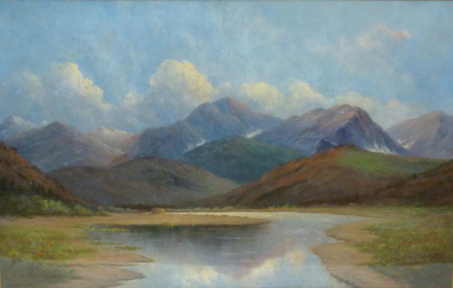 L J SKELTON OIL ON CANVAS OF MOUNTAIN RANGE: Leslie James Skelton (AMERICAN, 1848-1929). Oil on canvas of landscape depicting a mountain range and river. Signed lower left. Measures 21" height x 32" width + 5" frame (53.3cm x 81.2cm + 12.7cm). T