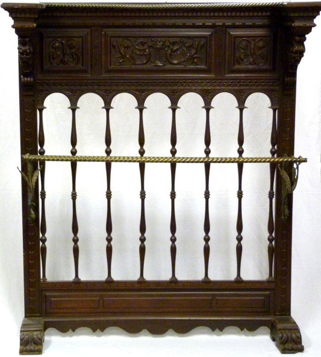 ANTIQUE ENGLISH HAND CARVED WOODEN COAT RACK: Antique coat rack with figural carved Florentine Dragon design to back. Mounted with bronze racks with scroll and wing figural design. Very intricately carved. 19th century. Measures 68 1/2" height x 