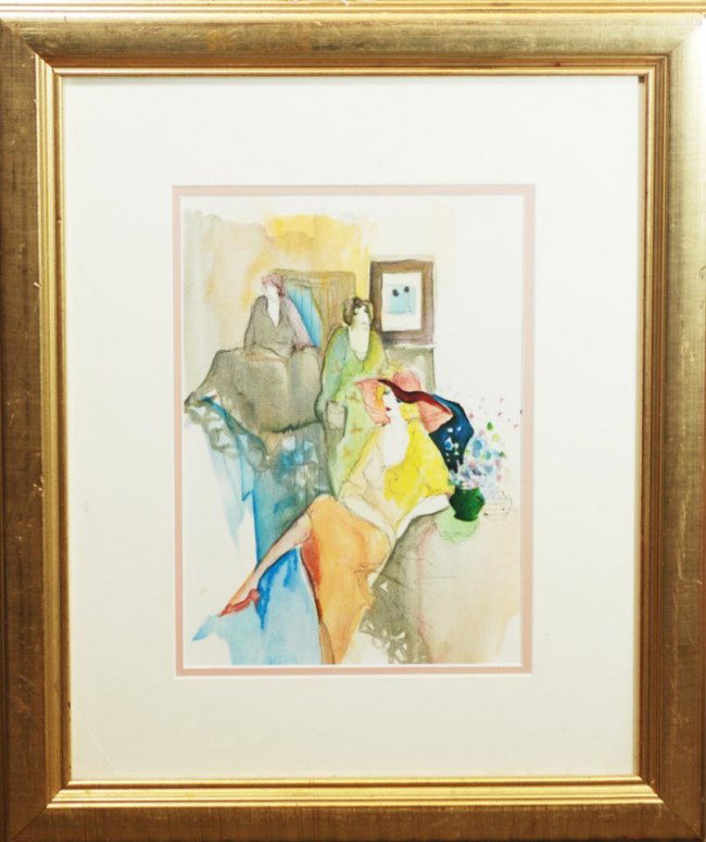 ITZCHAK TARKAY WATERCOLOR OF SEATED WOMAN: Itzchak Tarkay (ISRAELI, 1935). Watercolor in frame depicting 3 woman sitting. Measures 11 1/2" height x 8 1/4" width + 4 3/4" matte & frame (29.2cm x 20.9cm + 12cm).