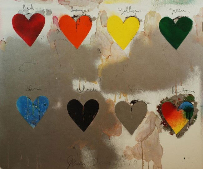 JIM DINE WATERCOLOR OF 8 HEARTS 1970: Jim Dine (AMERICAN, 1935). Watercolor depicting eight hearts in assorted named colors spaced across two rows, four hearts in each row. Measures 25" height x 30" width + 3 1/2" (63.5cm x 76.2cm + 8.9cm