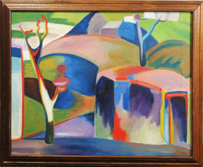 MINAS AVETISIAN CUBISM OIL ON CANVAS: Minas Avetisian (ARMENIAN, 1928). Painting depicting houses, trees and hills. Signed lower right. Measures 16" x 20" + 1 1/4" frame (40.6cm x 50.8cm + 3.1cm). Attributed to Minas Avetisian.