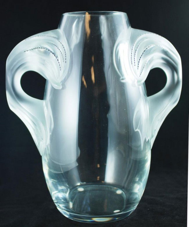 M. LALIQUE DESIGNED FRENCH CRYSTAL ASTELIA VASE: Lalique creates an event in 1992 with this exceptional limited edition piece numbered in 99 copies. This vase, one of the biggest in the collection, is clear crystal in an oblong form. Lalique renews