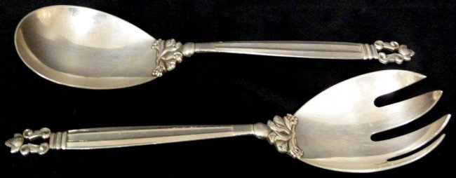 GEORG JENSEN ACORN STERLING SALAD SERVING SET: Georg Jensen Denmark sterling silver salad serving set in the Acorn pattern. Spoon and fork measures approximately 8 7/8" length (22.5cm). Total weight of 6.715 ounces troy/209grams.