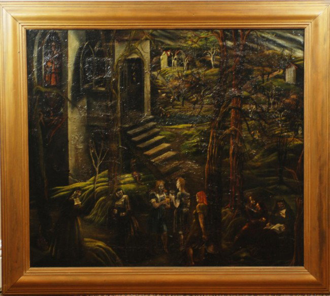 EUROPEAN OIL ON CANVAS OF GOTHIC CHURCH SCENE: Oil on canvas depicting a Gothic religious scene. People, trees with no leaves and a church can be seen. Among the people are nuns and people seen taking Communion. Viewable area measures 26" height x