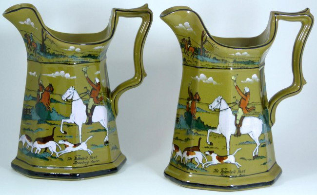 2 BUFFALO POTTERY DELDARE WARE PITCHER SIGNED: 2 Antique Buffalo pottery hand painted pitchers. Pitchers are designed after Cecil Aldin's "The Fallowfield Hunt" series. Both of the scenes on these pithcers are titled "Breaking Cover". Pitcher is s