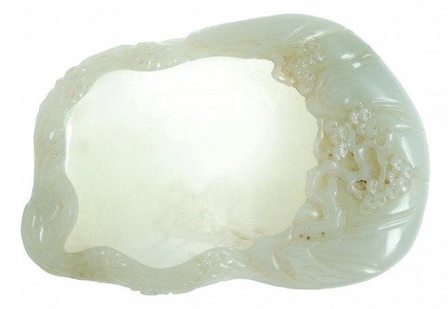 19th C CHINESE CARVED PALE WHITE JADE TRAY: Hand carved pale white jade hand carved tray. Possibly used as a snuff tray or brush tray. Relief carved throughout. 19th century. Exquisitely carved with incredible translucence. Measures 4 3/4" leng