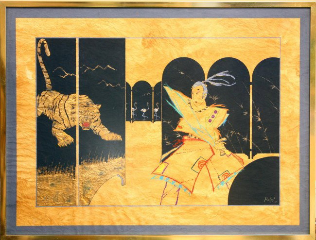 RAFAEL SAMURAI & TIGER MIXED MEDIA: Mixed media depicting a tiger jumping at a Samurai. The Samurai is in a position indicating that he is about to draw his sword and defend himself. In the background, 3 flamingos can be seen. Signed lo
