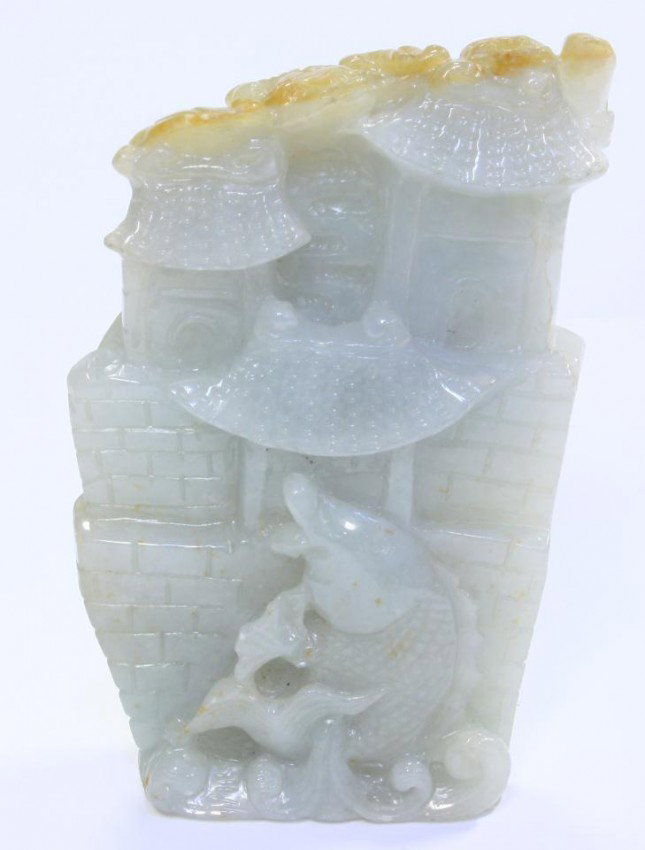 19th CENTURY CHINESE JADE PAGODA CARVING: Antique hand carved Chinese jade pagoda carving. One side depicts pagodas the other side depicts a single pagoda with crashing waves and flowers. To the top of the roof are bats. Beautiful translucenc