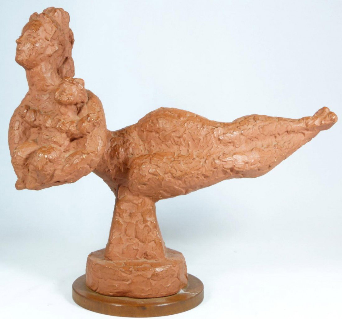CHAIM GROSS "MOTHER & CHILD" TERRA COTTA SCULPTURE: Chaim Gross (AMERICAN, 1904-1991). Terra Cotta depicting a woman in lateral position holding a child. Titled "Mother and Child". Signed to reverse. Dated 1963. Limited edition number 1/8. Has wooden b