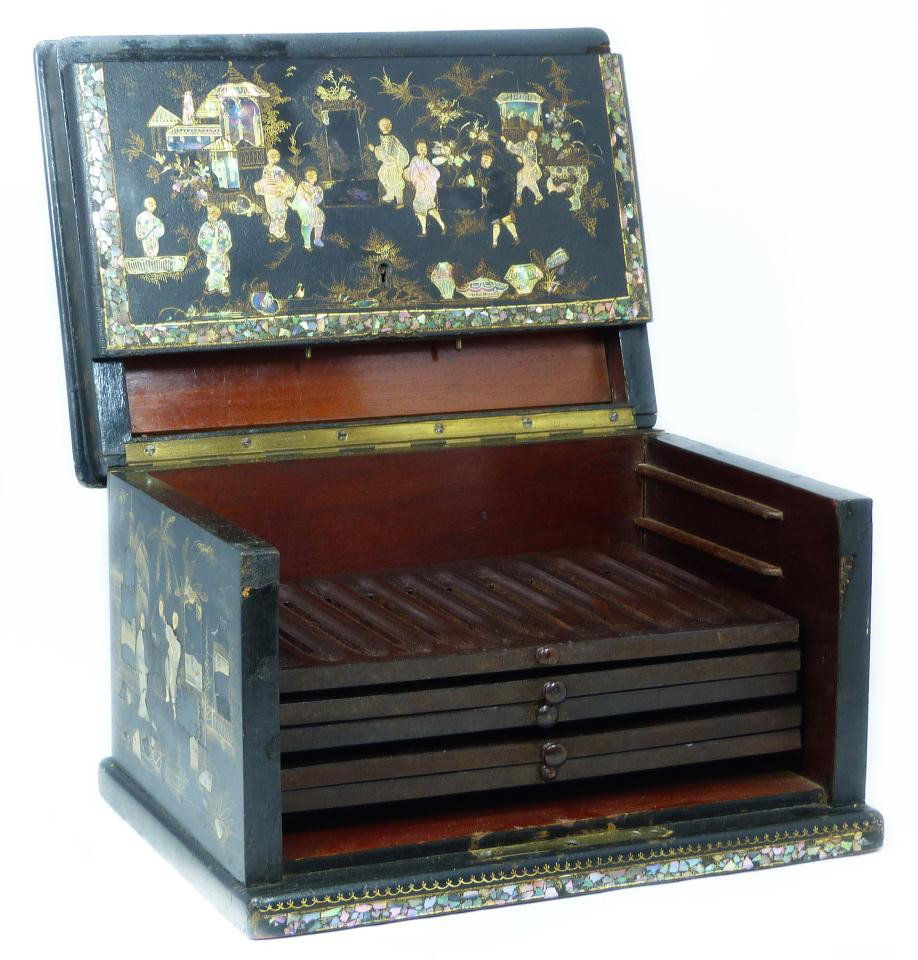19th C. CHINESE MOTHER OF PEARL INLAY CIGAR BOX: Antique Chinese wooden lacquer cigar box with pearl inlay. Also has a hand painted gilded design. Depicting men and women in a court yard scene. 19th century. Measures 7" height x 10 7/8" width x 7 7/