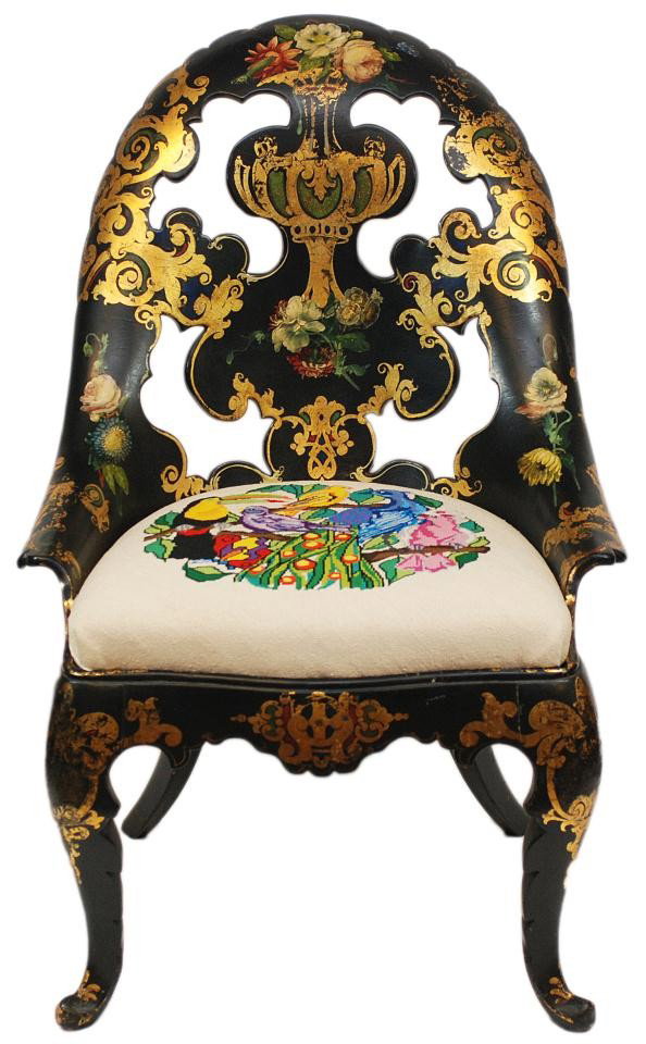 19th C. CHINESE PAPIER MACHE PARLOR CHAIR: Antique hand crafted Papier Mache parlor chair. Has hand painted gilded floral scroll design over black lacquer finish. Marked "T.R." to two legs. Has needlepoint cushion depicting toucans. 19th centu