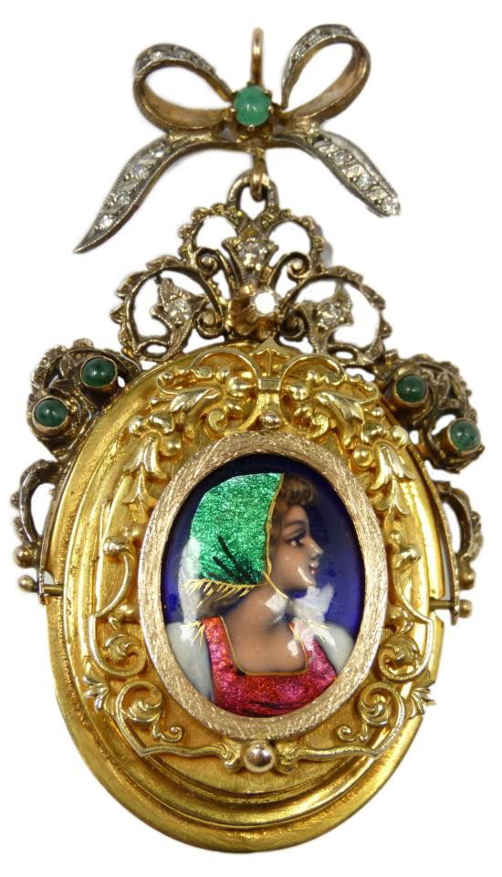 14K YELLOW GOLD REVERSIBLE ENAMEL PORTRAIT LOCKET: 14k yellow gold reversible locket pendant with hand painted enamel plaque. Plaque depicts a young girl. Three diamonds set to center of reverse of locket. Intricate scrolled black enamel design to bac