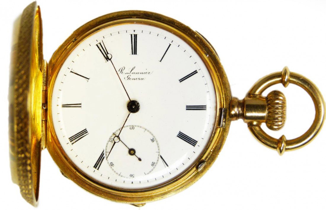 18KT Y.G. GENEVA ENAMELED POCKET WATCH: Antique 18k yellow Geneva Enameled pocket watch. Has incredible hand chasing throughout with black enameling. Case marked 13698. Has white enamel face with black Roman numerals and notches. Has black 