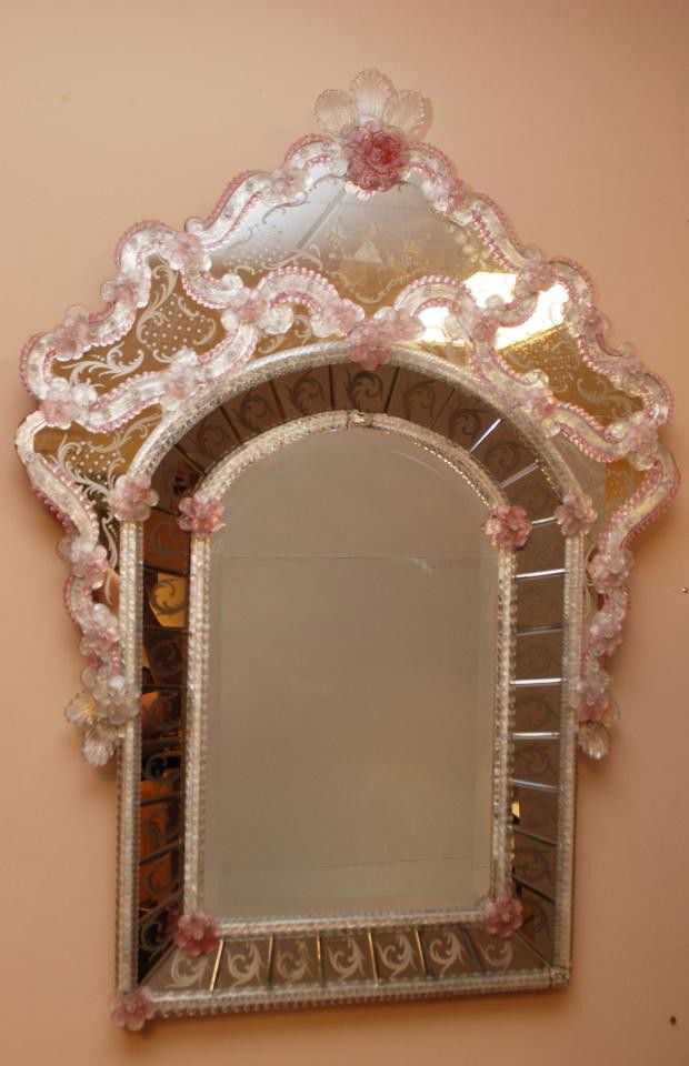 ANTIQUE VENETIAN MOLDED GLASS FLOWER MIRROR: Antique Venetian molded glass floral mirror. Has a fanned design with pink and clear glass pieces. Has frosted lattice design with courting couple scene. 19th century. Measures 39" height 29 1/2" widt
