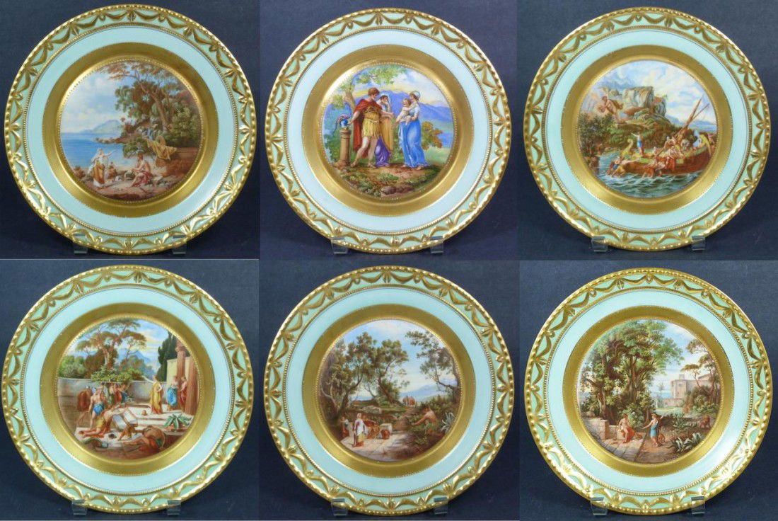 6 KPM ARTIST SIGNED PORCELAIN PORTRAIT PLATES: 6 Konigliche Porzellan Manufaktur plates with scenes from the Odyssey. Scenes are transferred with some hand painting. 5 of the plates are signed (A. Starol, Hiebel and O. Wanitsohka) Mid to late 19th