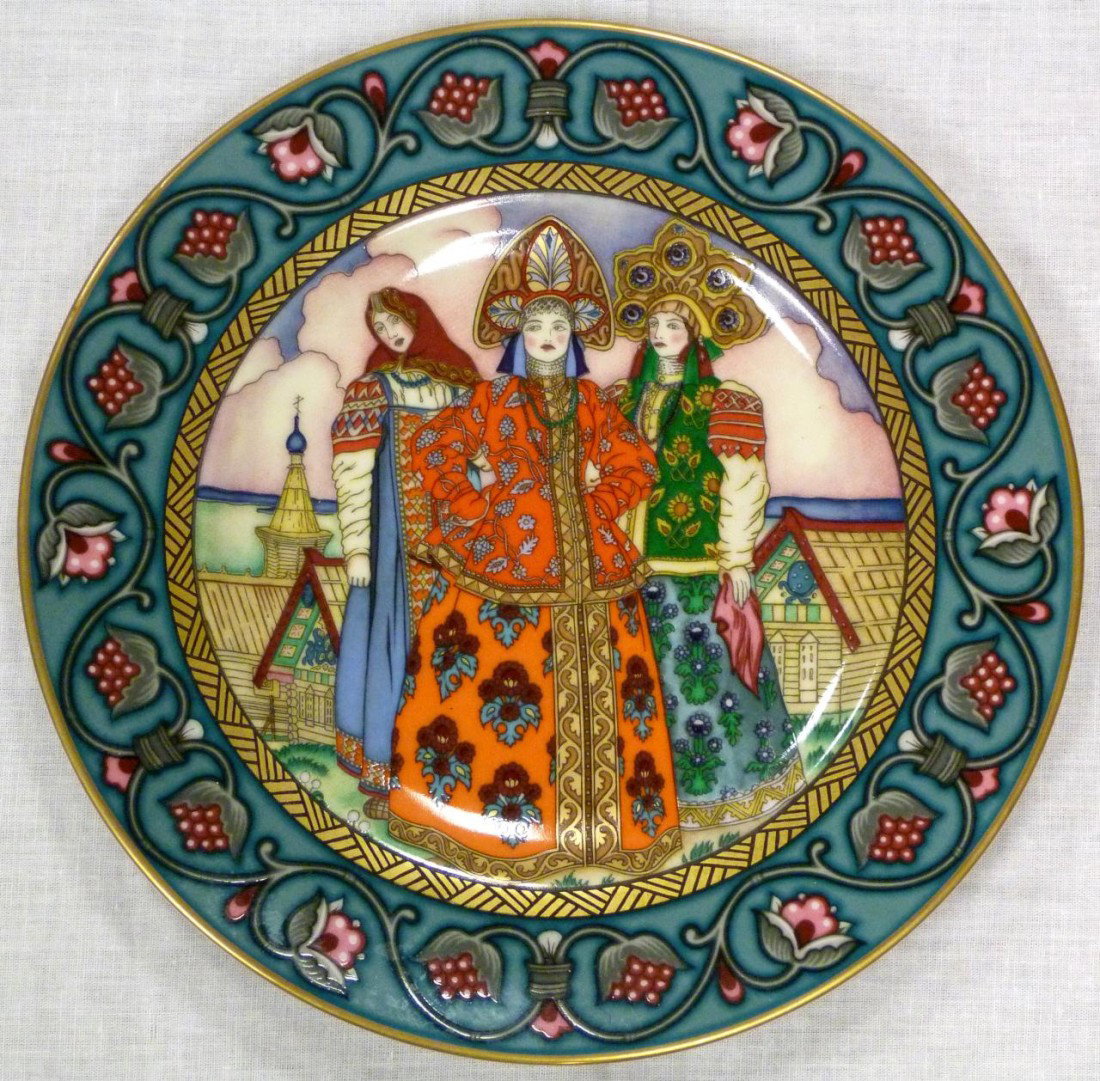 10 VILLEROY & BOCH METTLACH RUSSIAN FAIRY TALES: 10 Mettlach Villeroy & Boch German porcelain Russian fairy tales plates. Each measures 8 3/8" diameter (21.2cm). Each includes original box and COA.