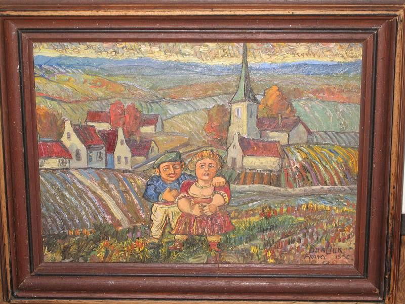 DAVID BURLIUK RUSSIAN OIL PAINTING ON BOARD: David Davidovich Burliuk (AMERICAN/RUSSIAN, 1882-1967). Signed lower right Burliuk France and dated 1950. Measures 10" height x 14" width + 2" matte & frame. From the estate of Russian writer Yevgenia