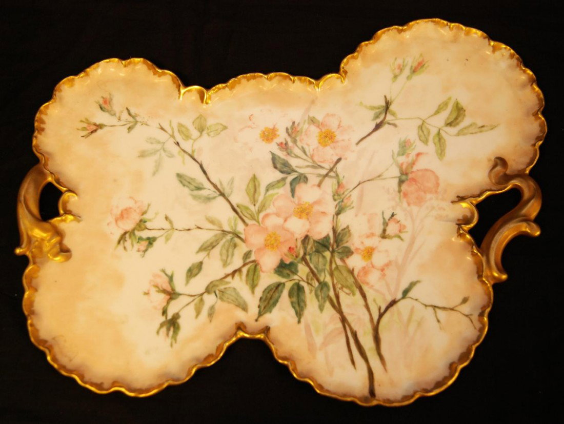 ANTIQUE HAVILAND LIMOGES FRENCH HAND PAINTED TRAY: Exquisite antique Haviland Limoges porcelain handled tray. Has a hand painted floral design with free form shape and scalloped edges. Gilt design to handles and rim. Has green "H&Co / L / France" mark