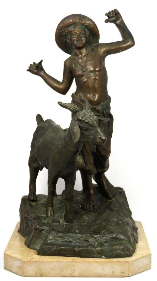 EARLY ITALIAN SPELTER STATUE OF BOY & GOAT: Antique Italian spelter figure depicting a boy with a goat. Mounted on a brown marble base. Measures 16 3/4" height x 9" width x 10" depth + 1 1/8" base height (42.5cm x 22.8cm x 25.4cm + 2.8cm).
