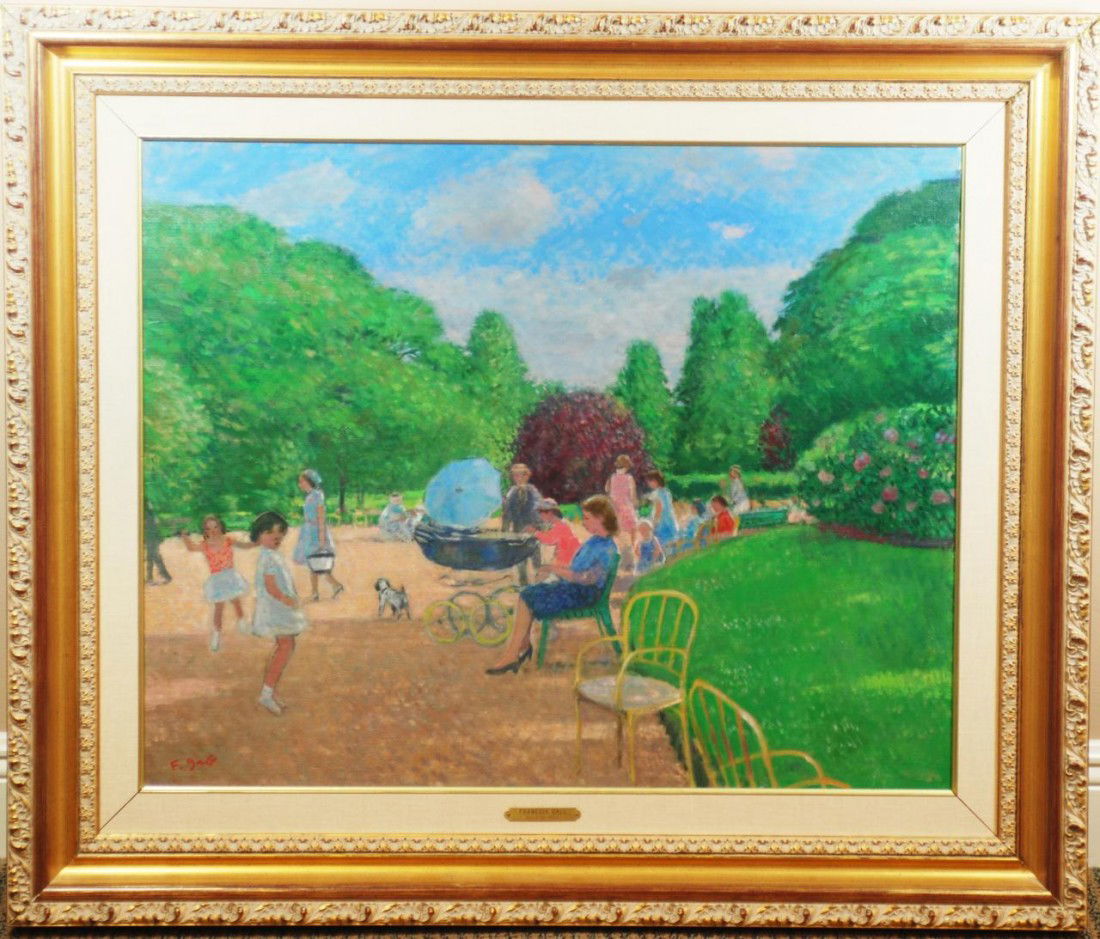 FRANCOIS GALL OIL ON CANVAS OF PARK SCENE: François Gall (FRENCH, 1912-1987). Oil Painting on canvas depicting people in Tuileries Garden, Paris. Signed lower left. Viewable area measures 25" height x 31 1/2" width + 5 1/2" matte & frame (63.