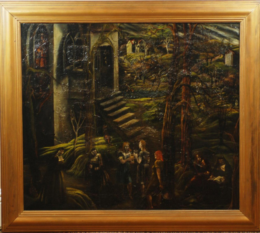 EUROPEAN OIL ON CANVAS OF GOTHIC CHURCH SCENE: Oil on canvas depicting a Gothic religious scene. People, trees with no leaves and a church can be seen. Among the people are nuns and people seen taking Communion. Viewable area measures 26" height x