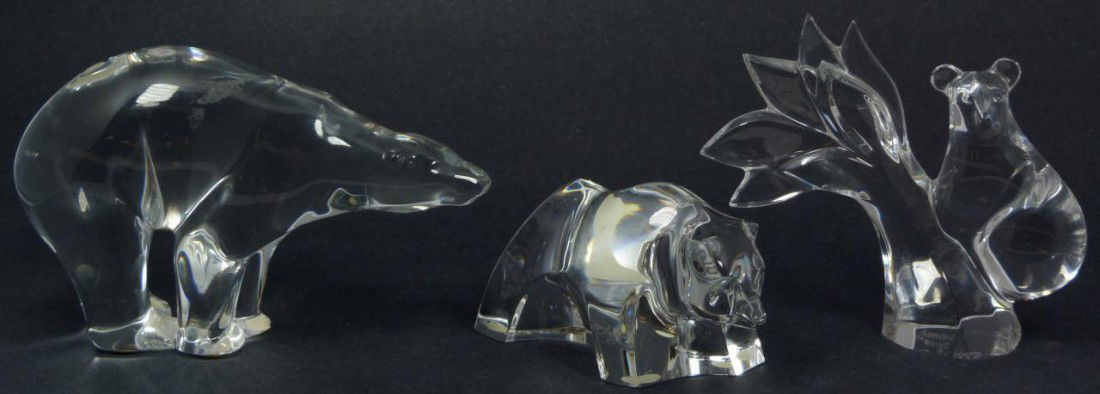 3pc LOT OF BACCARAT CRYSTAL BEAR FIGURES: 3 Baccarat French crystal bear figures. One is the Baccarat Rrigot Koala bear in Eucalytus tree (4 3/4" height/12cm). The next is a standing polar bear (4 1/2" height x 6 3/4" length). Lastly is a sta