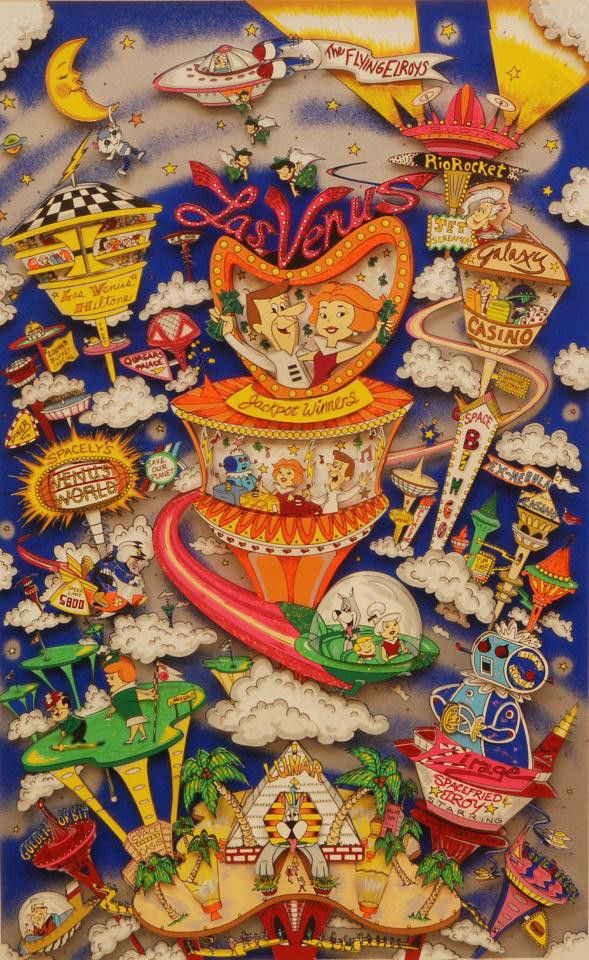 CHARLES FAZZINO JETSONS 3D CUT MIXED MEDIA: Charles Fazzino (AMERICAN, 1955). Mixed media 3 dimensional Jetsons themed work. Titled "JETSONS TAKE LAS VENUS" Edition #209/400. Hand Signed: Charles Fazzino, William Hanna, Joseph Barbera. Measures