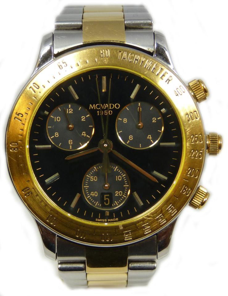 MOVADO S/S TWO TONE 1950 SERIES CHRONOGRAPH: Movado stainless steel two tone 1950 series watch. Movement: ETA Cal. 251.26* 27 Jewels Swiss Quartz Analog Functions: 12 hr, 60 min, 60 sec, 1/10 sec, split-function chronograph, date calendar, windo