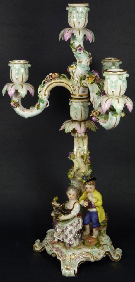 ANTIQUE MEISSEN PORCELAIN 3 ARM FLORAL CANDLESTICK: Antique Meissen German porcelain figural group candlestick with 4 arm candelabra insert. Depicts a young girl sitting on a goat with a boy playing a musical instrument. Fruit, leaves and flowers can a