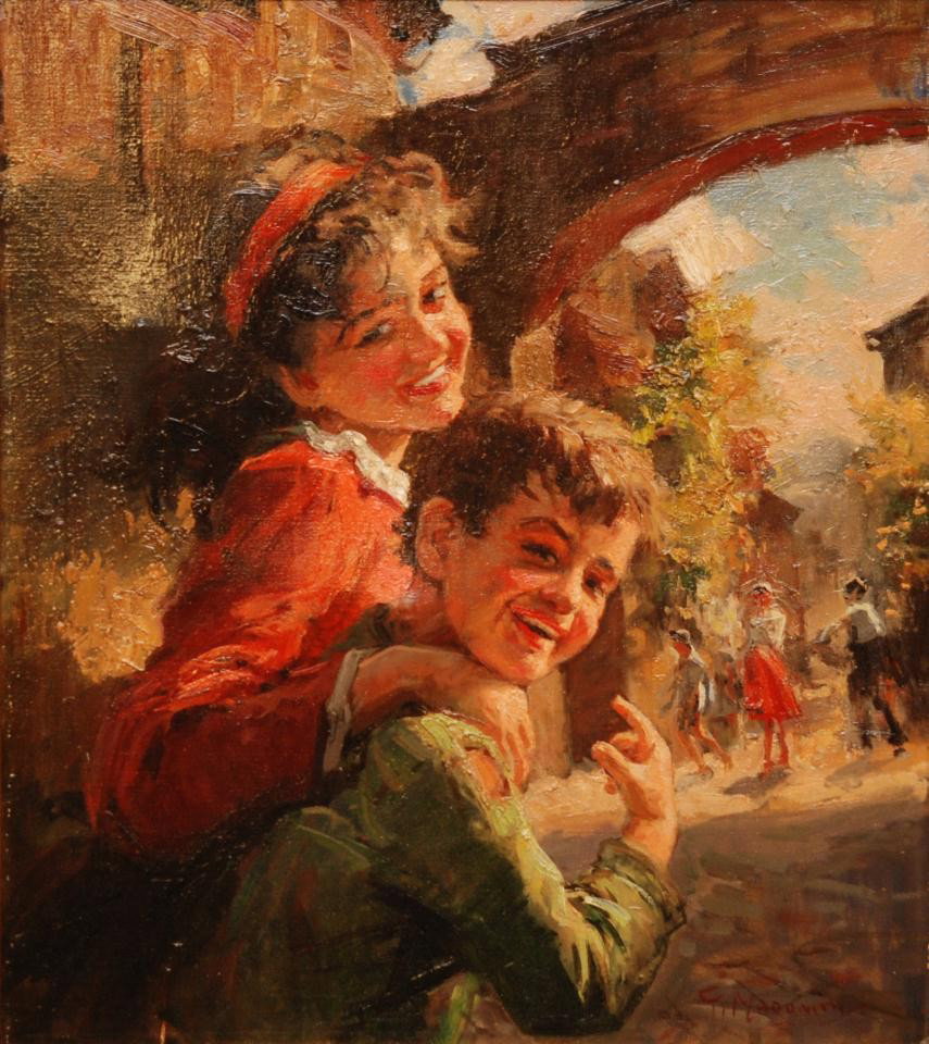 GIOVANNI MADONINI ORIGINAL O/C CHILDREN PORTRAIT: Giovanni Battista Mondini (Italian). Oil painting on canvas depicting a young boy and girl together in a street scene. Signed lower right. Also signed to reverse and dated 1963. Measures 27" height x 