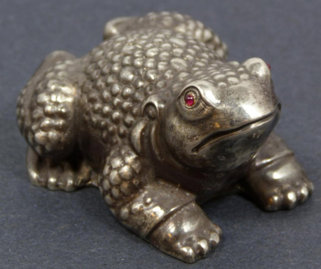 RUSSIAN SILVER BULLFROG FIGURE: Russian sterling silver bullfrog figure. Has cabochon cut ruby set to eyes. Finely crafted. Holds Julius Rappaport Cyrillic workmaster marks to bottom. Holds 84 silver purity marks with St. Petersburg
