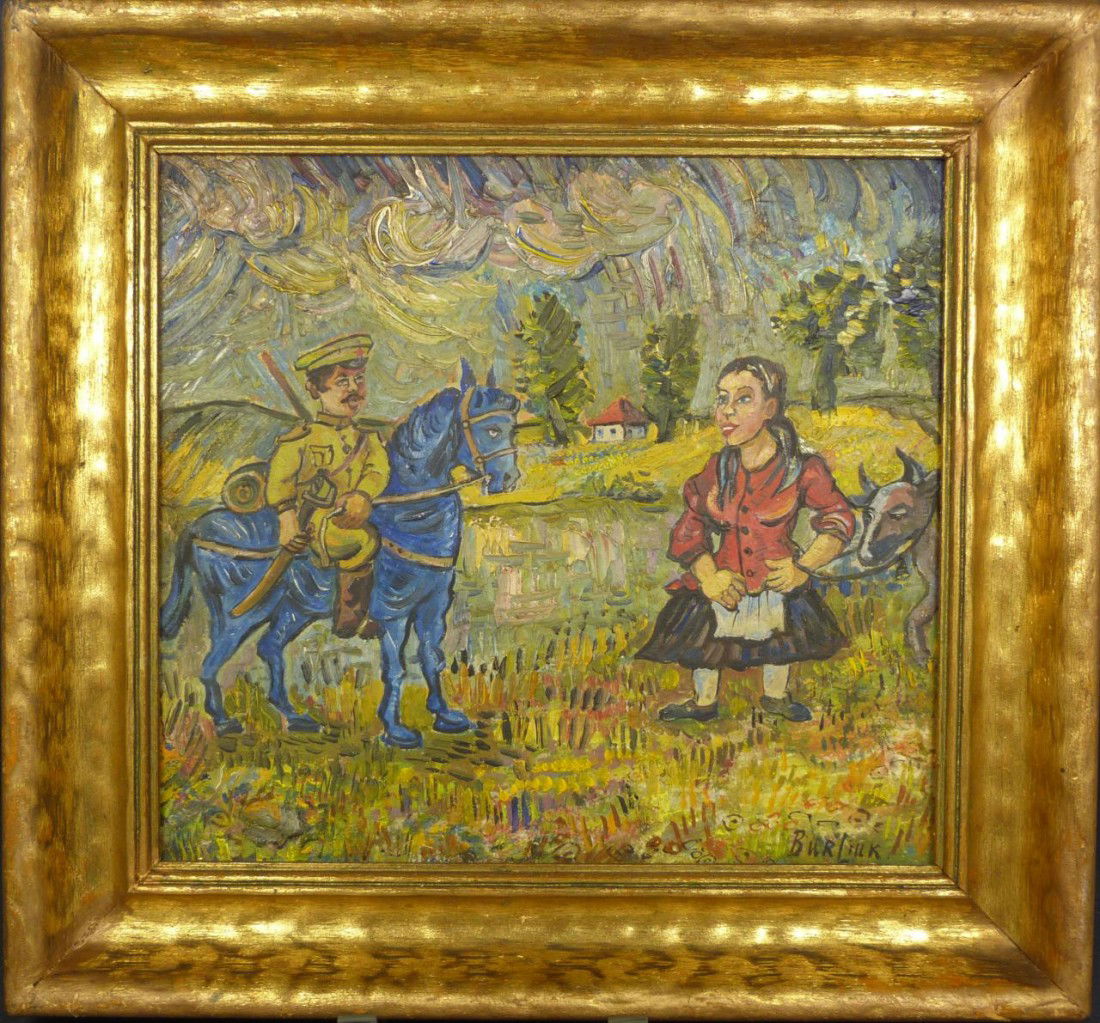DAVID BURLIUK OIL ON PANEL OF FARM SCENE: David Davidovich Burliuk (AMERICAN/RUSSIAN, 1882-1967). Burliuk’s personal approach to Impressionism is demonstrated in this folk art oil painting on board. The artist blends the analytical Russian
