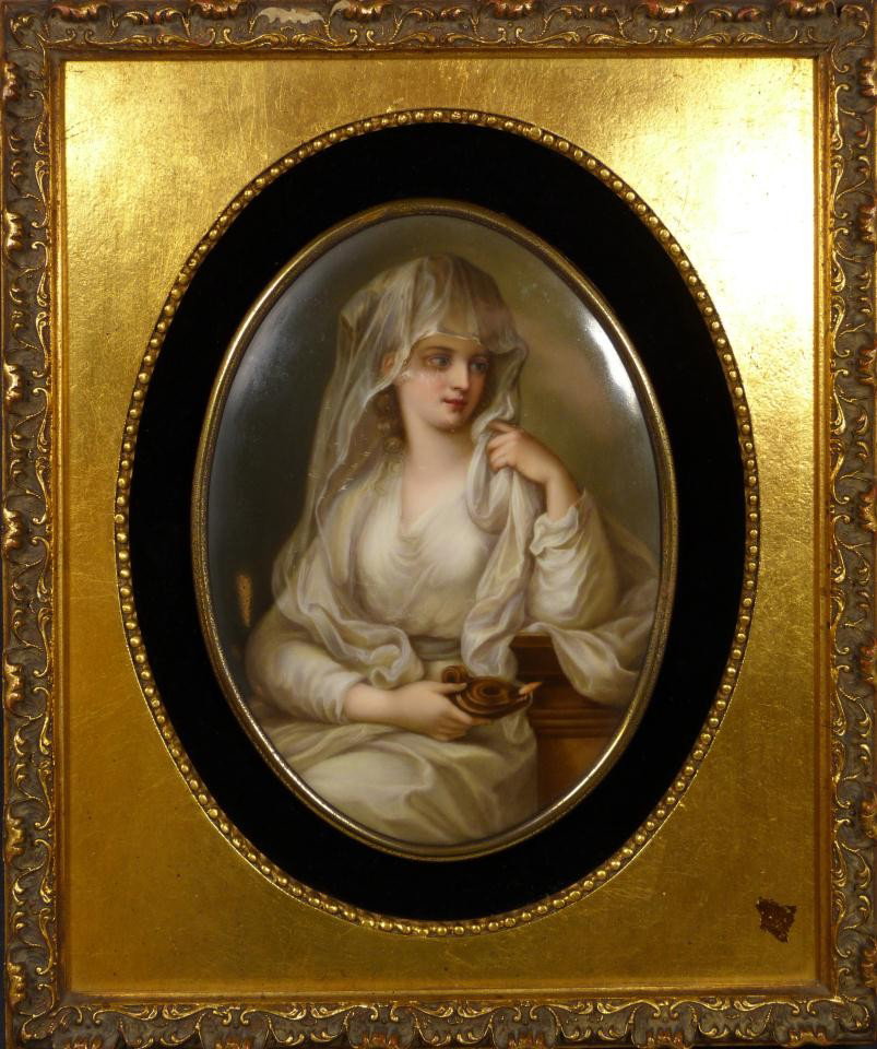FRENCH HAND PAINTED PORCELAIN PORTRAIT PLAQUE: Antique hand painted French porcelain portrait plaque. After Angelica Kauffmann's original work "Vestal Virgin". Depicts a young girl in white garb holding an oil lamp. 19th century. Measures 7 3/4" h