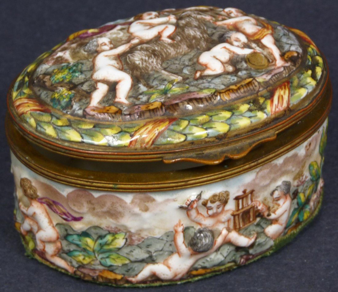 CAPODIMONTE PORCELAIN CHERUB SCENE HINGED BOX: Antique Capodimonte Italian porcelain cherubs box. Has a hand painted design depicting cherubs doing different activities. Measures 3" height x 3 1/2" length (7.6cm x 8.9cm).