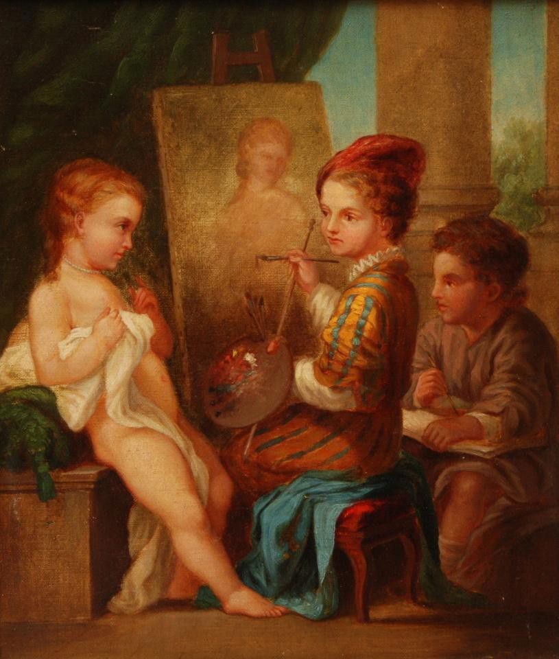 18th C. OIL/CANVAS PAINTING ATTR. TO CARLE VAN LOO: Carle Van Loo (1705-1765) France. Classical style allegory in muted tones depicting adolescent artist painting a pubescent girl in recumbent pose under the watchful eye of a curious male youth. From t