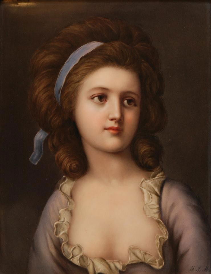 HAND PAINTED KPM PORCELAIN PORTRAIT PLAQUE FRAMED: Konigliche Porzellan-Manufaktur, Berlin, circa 1900. Classical elegance portrait form depicting bust of young woman distinguished with clear outlines and cool colors. KPM incised stamp with septre on