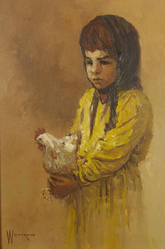 WILLIAM WEINTRAUB ORIGINAL OIL/PANEL OF YOUNG GIRL: Oil painting on board depicting a young girl with chicken. Signed lower left. Measures 9" height x 6 1/2" + 2 3/4" frame (22.8cm x 16.5cm x 6.9cm).
