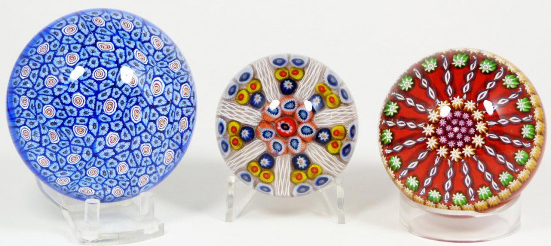 3pc LOT OF MILLEFIORI ART GLASS PAPERWEIGHTS: 1 Perthshire Glass, green and white millefiori and white latticinio on red, measuring 3" diameter. 1 Strathearn Glass, pink, navy, yellow and orange millefiori and white latticinio, measuring 2 ½". 1
