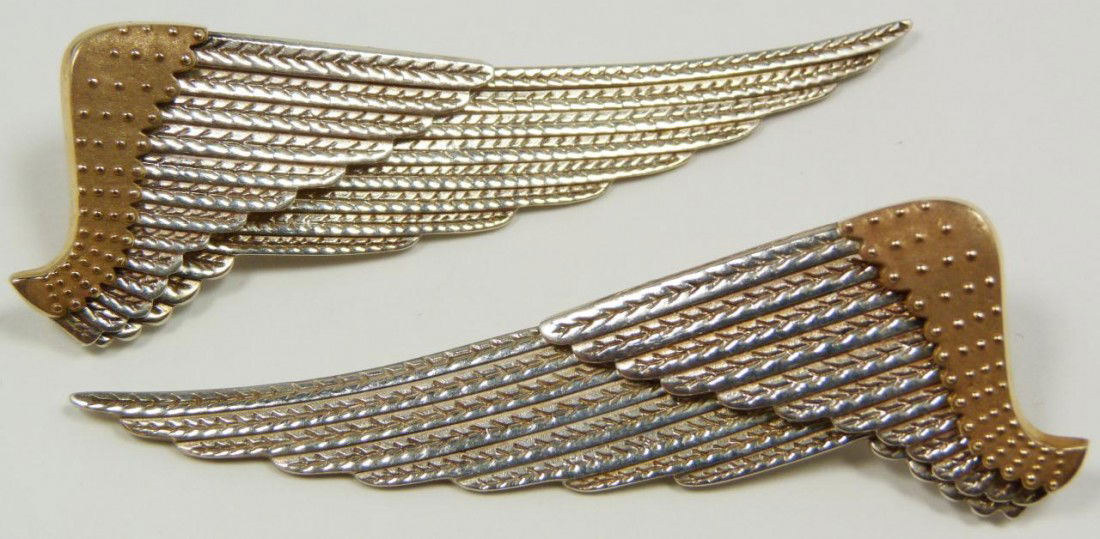 PAIR ERTE STERLING SILVER & 14K Y.G. WING EARRINGS: Pair of Erte sterling silver and 14k yellow gold wing earrings. Fabulous deco look. Measures 3 1/4" length (8.2cm). Total weight of 24.6 grams / .790ozt.