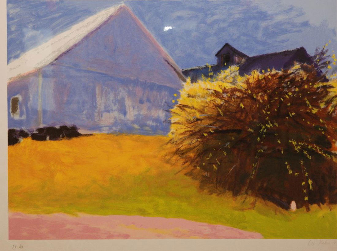 WOLF KAHN ORIGINAL LITHOGRAPH TITLED 'THE BARN': Wolf Kahn (AMERICAN, 1927). Lithograph titled "The Barn". Depicts a barn with a house also visible with grass and a bush. Pencil signed lower right. Pencil signed and dated 2003 to lower right. Number