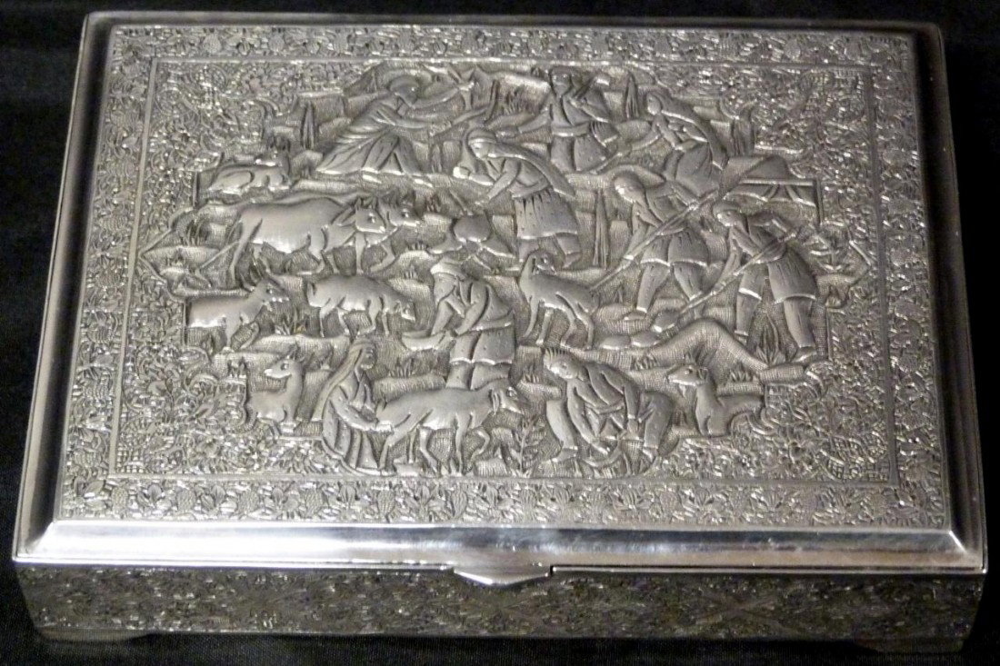 SLAVIK SILVER REPOUSSE HINGED BOX w FARMING SCENE: Slavik silver hinged box with intricate repousse scene of farmers. Sides and border chased throughout. Has silver purity and work master marks to interior of lid. Weighs 10.190 ounces troy. Measures 1