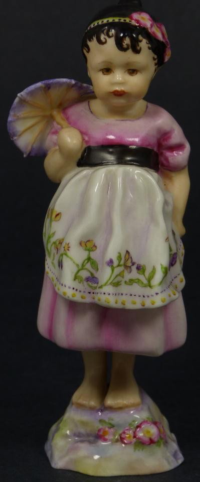 ROYAL WORCESTER FG DOUGHTY FIGURE SPAIN: Royal Worcester World figure depicting girl with parasol. Represents the country of Spain. #3070. Measures 5 1/4" height (13.3cm). Guaranteed original. Condition: Great. No apparent chips, cracks, cra